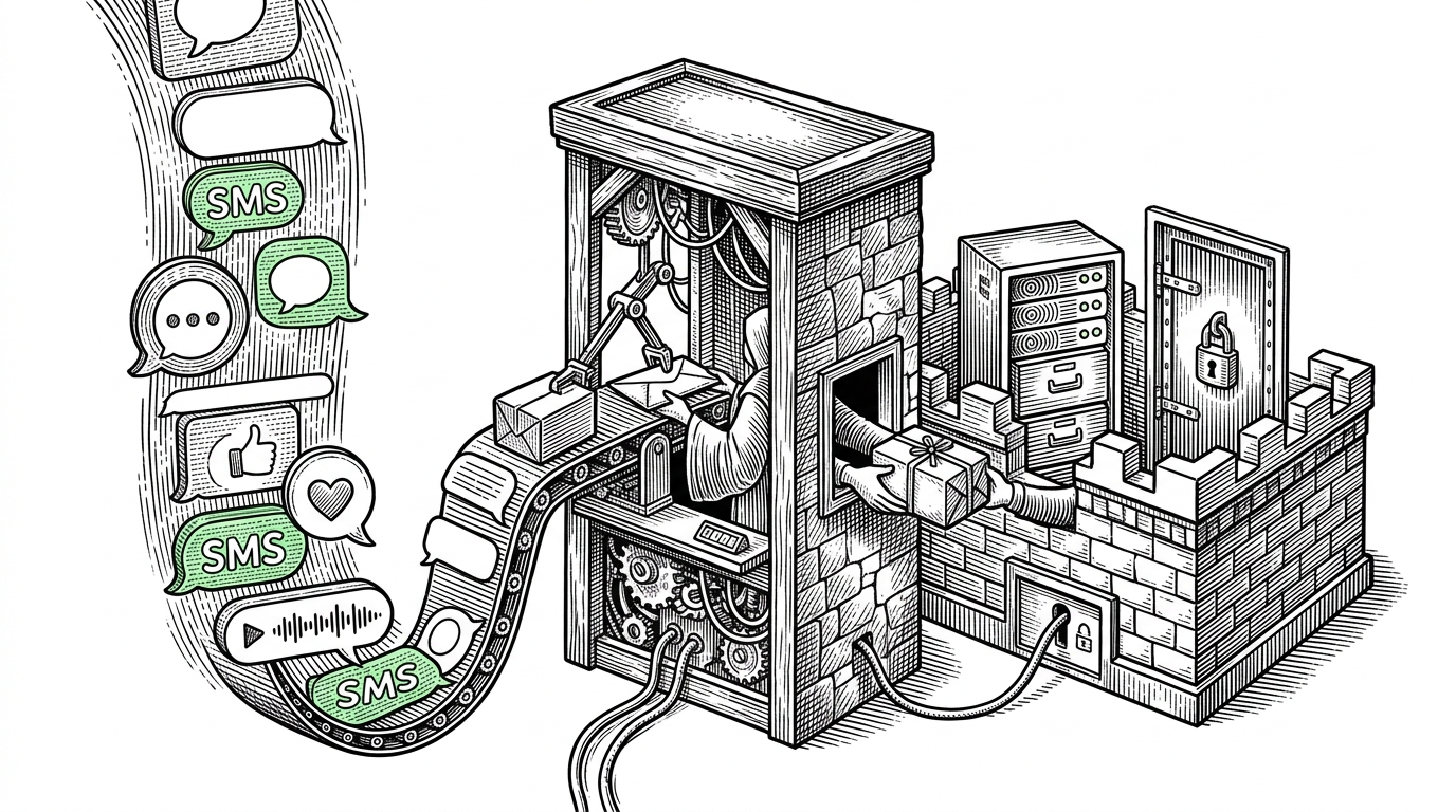 A narrow relay booth stands between two worlds, with an iMessage thread on one side and a private OpenClaw machine on the other. The scene explains that the project is about crossing a boundary cleanly, not just moving text from one system to another.