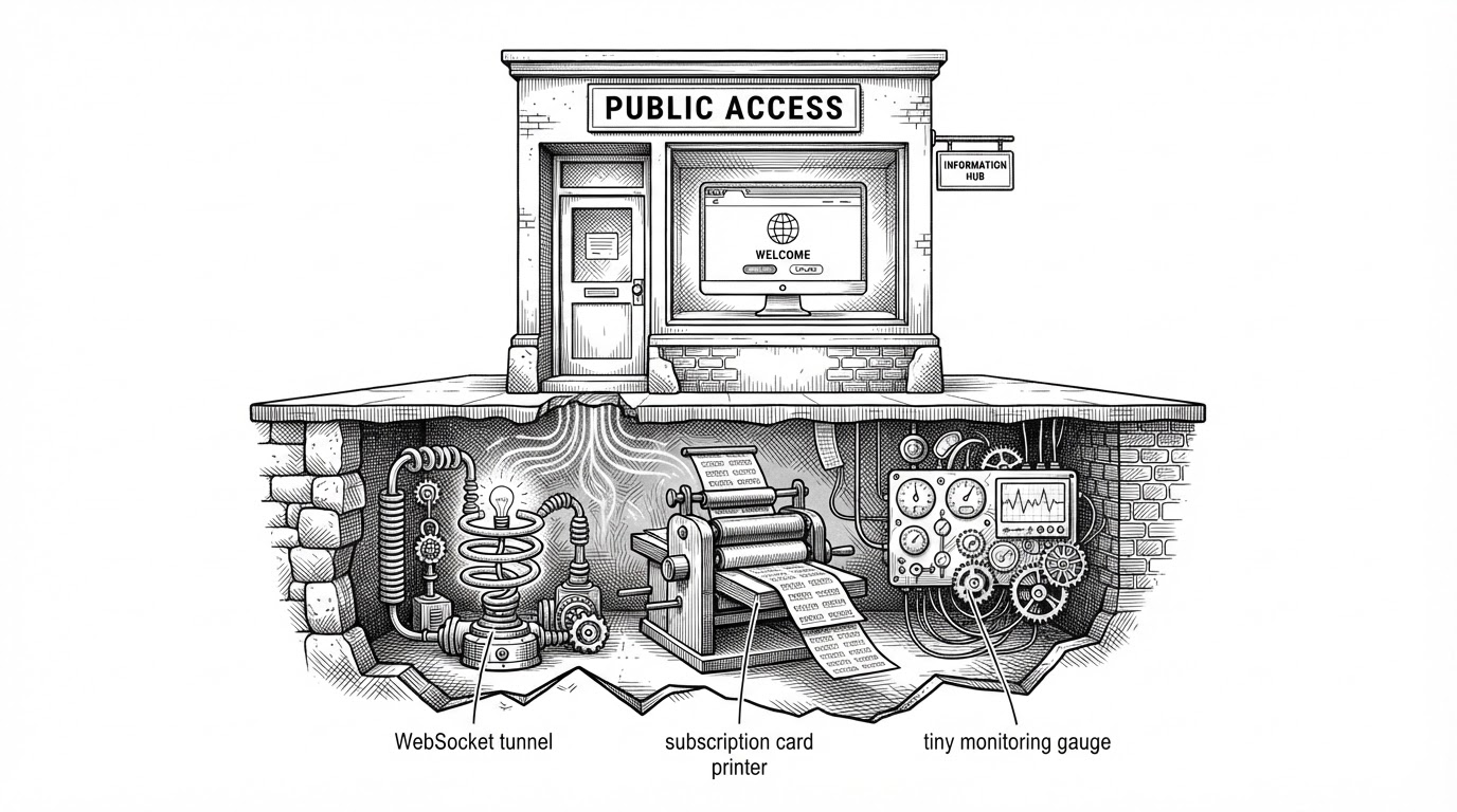 A clean storefront facade sits above a cutaway machine room. The front looks like a harmless website, while hidden mechanisms beneath it suggest a tunnel, a configuration printer, and a small monitoring gauge. The image explains how the repo uses appearance as infrastructure.