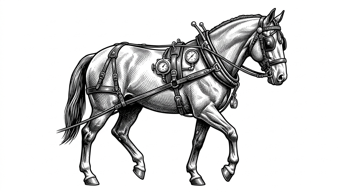 A powerful horse fitted with intricate mechanical tack to represent an LLM constrained by a harness.