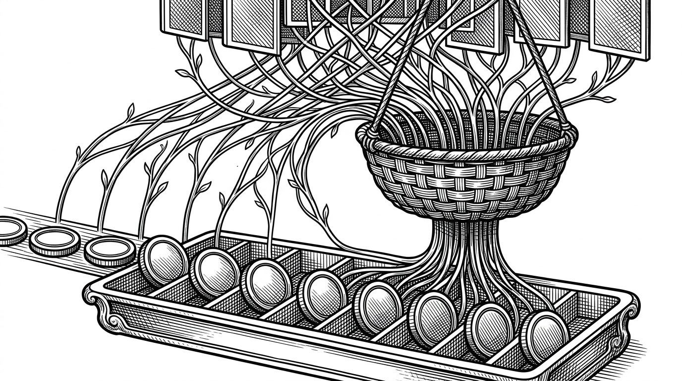 A close-up shows a small batch of tokens entering a sorting tray under a lattice of expert tiles. Separate requests from each token converge into one shared basket that collects only the unique experts needed for the whole batch. The image explains why MoE loading is different from dense-model loading, and why deduplicating reads matters so much.