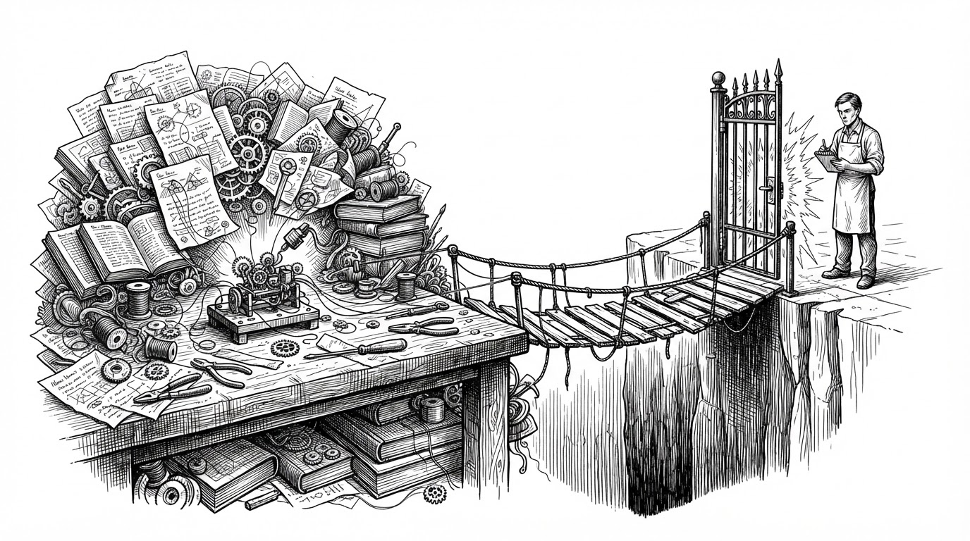 A close-up workbench scene showing a nearly completed task attached to a dense bundle of context, notes, gears, and thread. Across a narrow bridge, a specialist waits behind a gate. The composition explains why a superior expert can still be the wrong choice if the task is already too expensive to transfer.