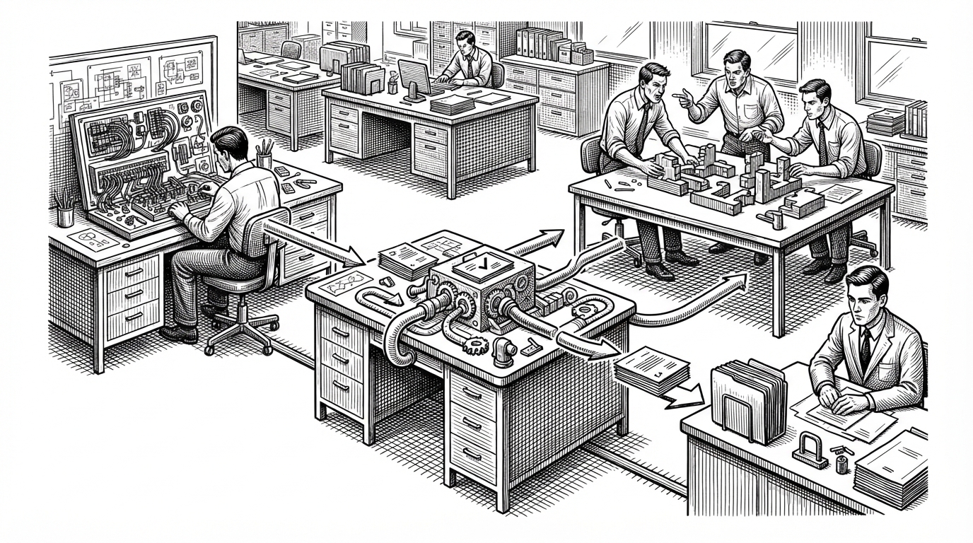 A wide editorial scene of a decision desk with three paths branching away from a single routed task. One path keeps the work on the current agent, one splits into a small collaborative team, and one passes a folder across a threshold to a specialist. The image explains that routing is a stateful choice between continuing, recruiting, and handing off.