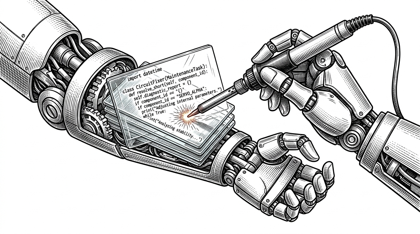 A mechanical arm using a soldering iron to repair its own circuitry, representing the self-evolving nature of the 7/24 Office agent.