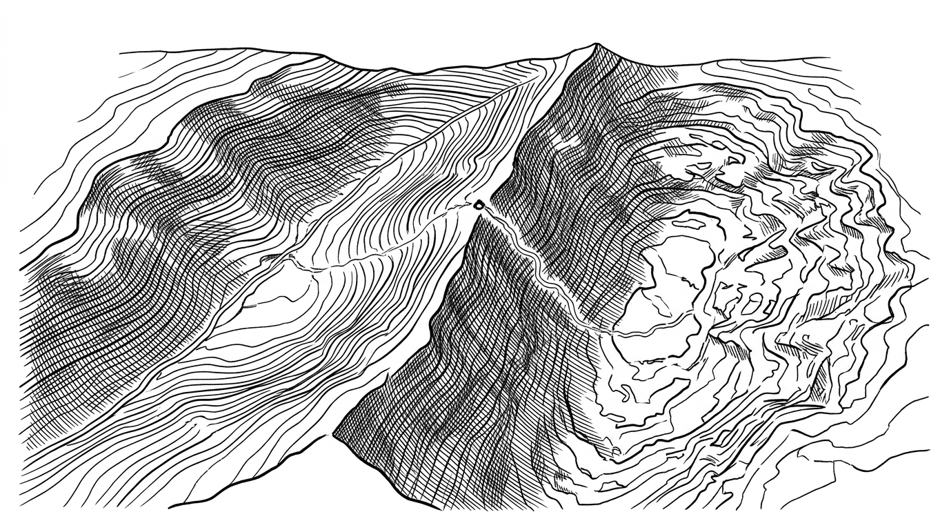 A wide topographic landscape shows two basins separated by a ridge, with a tiny starting point near the divide. One path bends into a cleaner, deeper basin where the contours line up with the true feature axes, which explains the article's idea that learnability is a geometric question about where training falls.