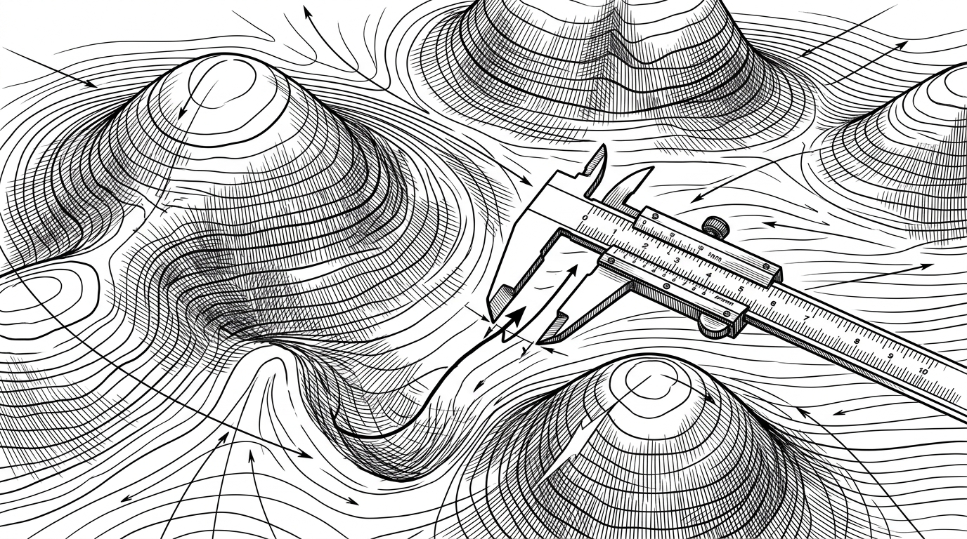 A close-up of overlapping Gaussian hills drawn like contour ridges on tracing paper, except the background is pure white. Fine score vectors point inward and outward around the density, and a caliper measures the distance between a sample path and the target contour. The image explains why exact score computation changes the experiment.