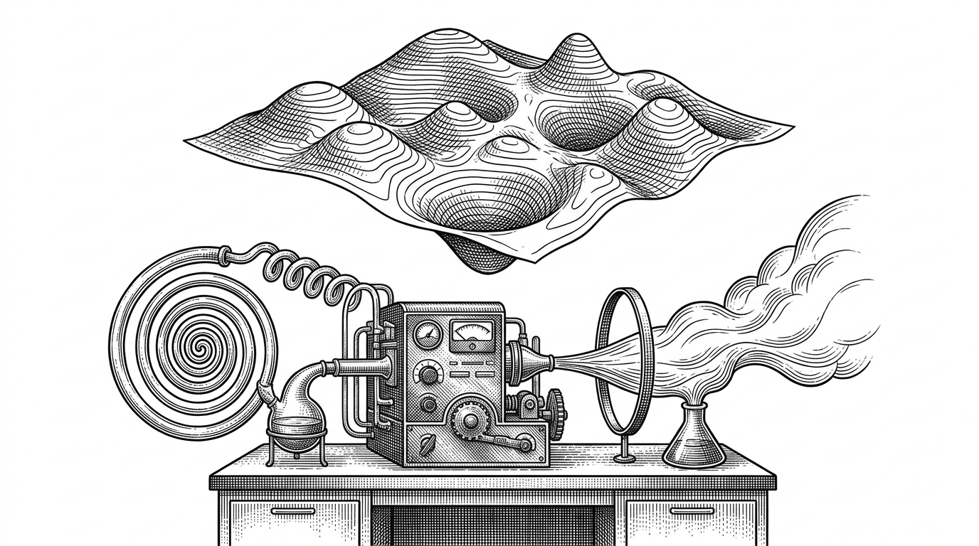 A wide editorial scene shows a laboratory bench where two glass vessels feed a single analytic machine. One vessel carries a tight inward spiral, while the other releases a widening cloud that is held in check by a correction ring. The image explains that the repo compares sampler geometry, not image quality.