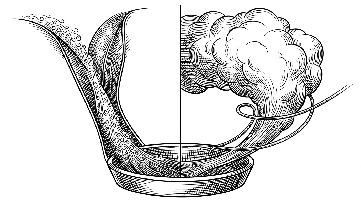 A split editorial scene shows two paths toward the same basin. On the left, a narrow trajectory collapses inward through a tight corridor. On the right, a wider cloud expands first, then a thin correction spring guides it back toward the basin. The image explains the geometric difference between the two sampling strategies.