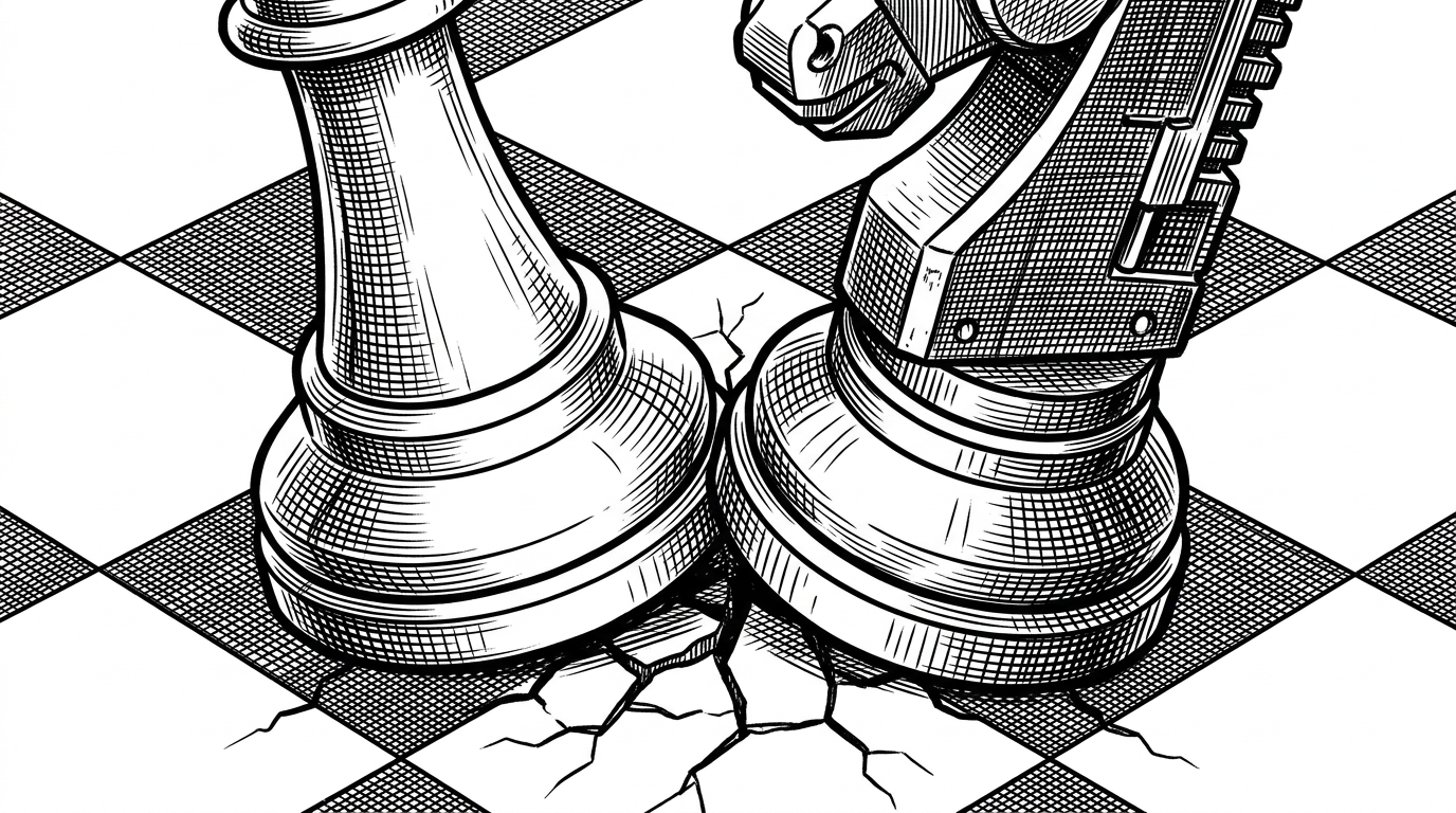 A close-up of a chessboard where two mechanical chess pieces, one sleek and one brutalist, are locked in a tense standoff, cracking the board beneath them.