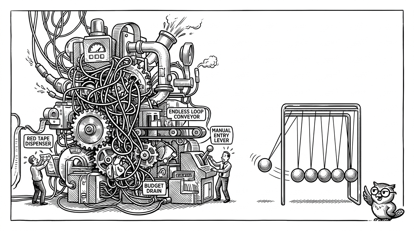 A massive, overly complex Rube Goldberg machine covered in tangled wires and heavy gears sits idle on the left. On the right, a simple, elegant Newton's cradle pendulum swings flawlessly in empty space.