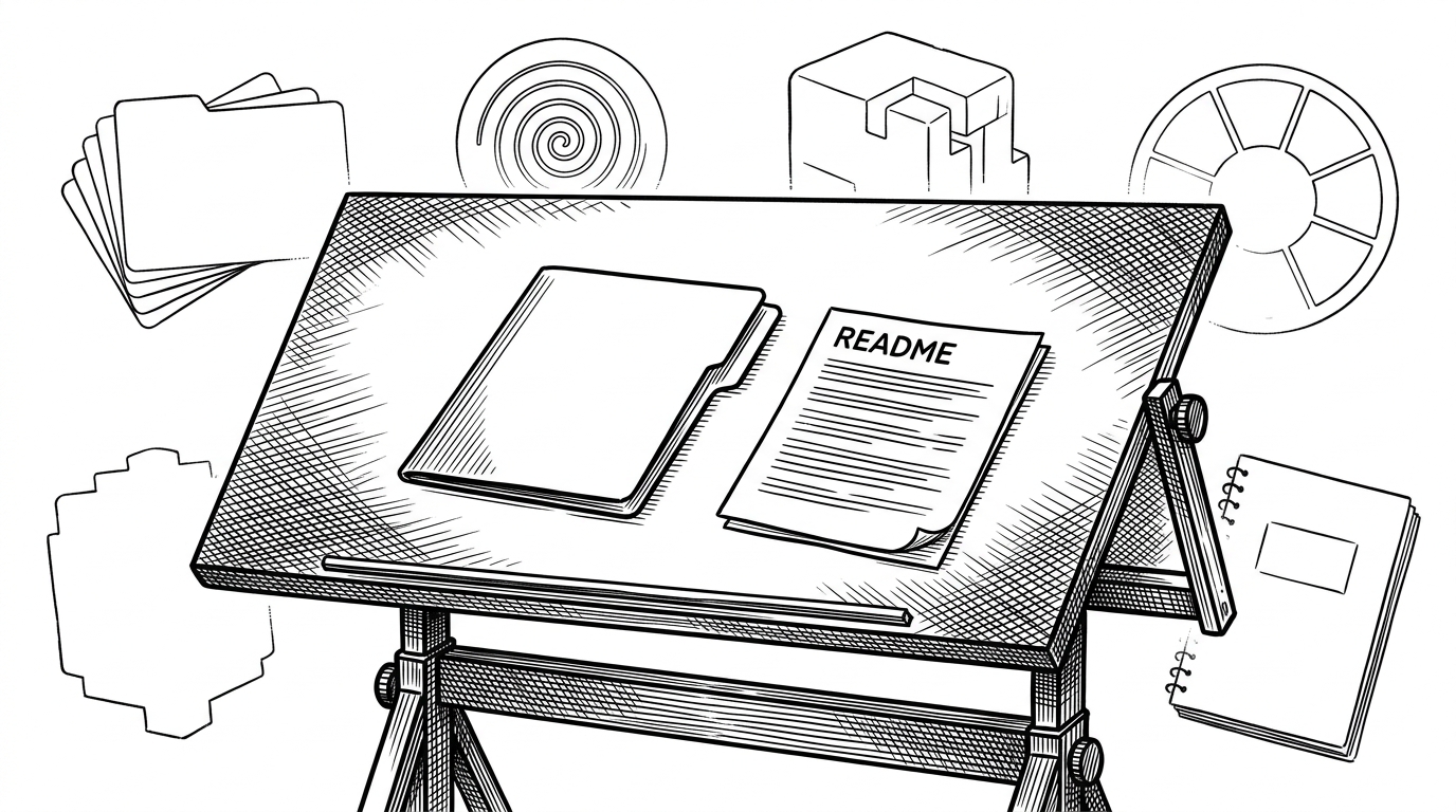 A white drafting table holds one plain folder and a single README sheet, while ghostly outlines of missing diffusion parts hover around it. It shows that the repo's value is not in code that exists, but in the system that the name implies.