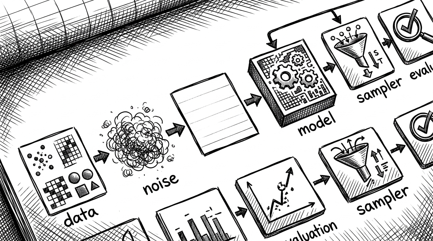 A close-up notebook page maps data, noise, model, sampler, and evaluation as connected shapes, with one empty box left in the chain. It explains that diffusion is a pipeline, not a single model.