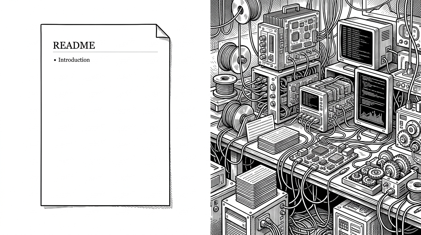 The left side is a nearly blank README page, while the right side is a crowded workbench of modules, logs, and moving parts. It makes the contrast between a placeholder repo and a functioning diffusion system immediate.
