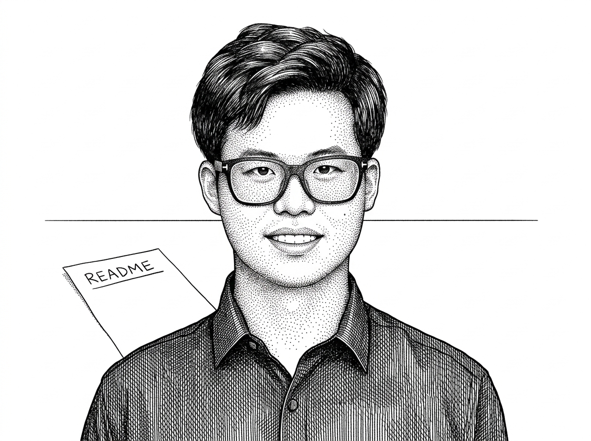 A hedcut-style portrait of wanshuiyin, the repository owner, set against a nearly empty desk. It marks the only human signal the project offers and underlines how little public context exists.