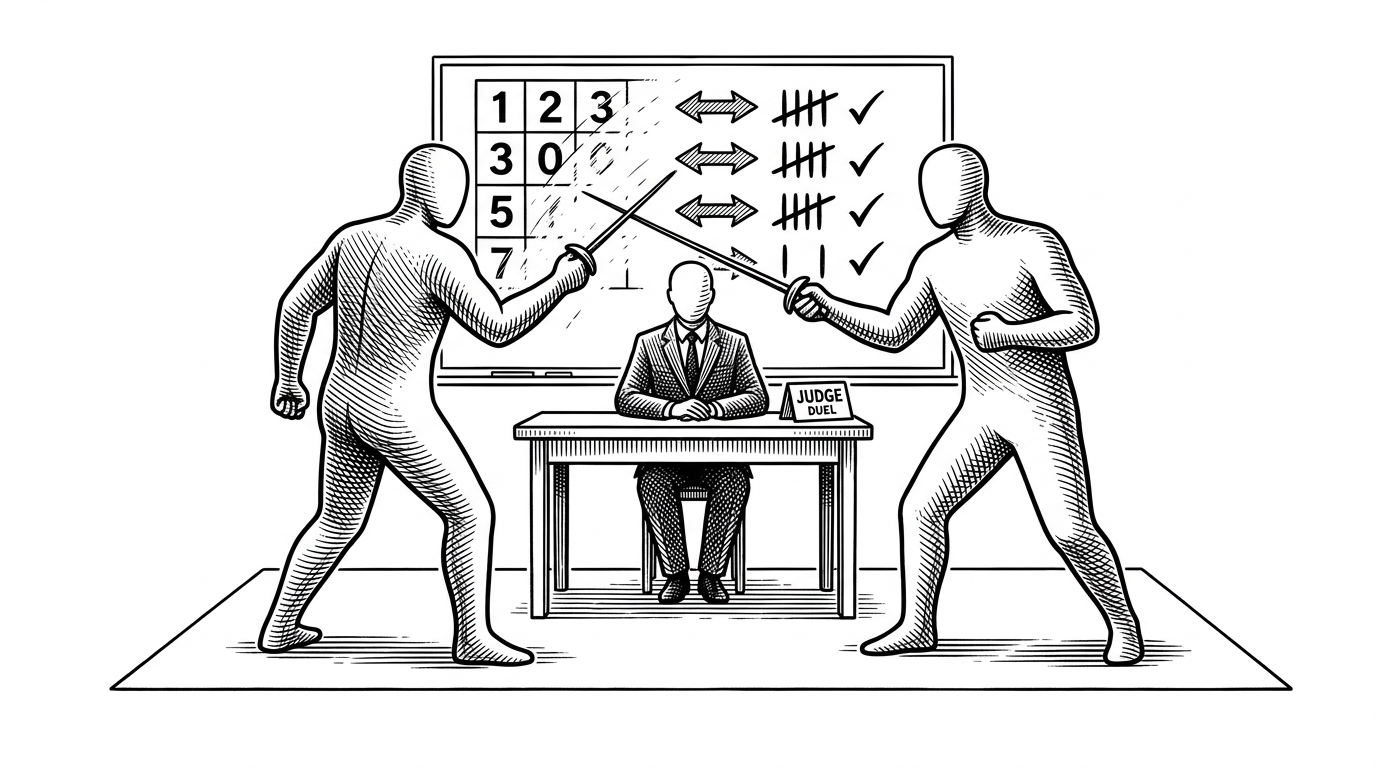 A formal duel scene between two abstract contenders across a judge's table, with the old scorekeeping logic visually crossed out behind them. It explains the repo's core idea: the algorithm learns from head-to-head preference, not from absolute reward numbers.