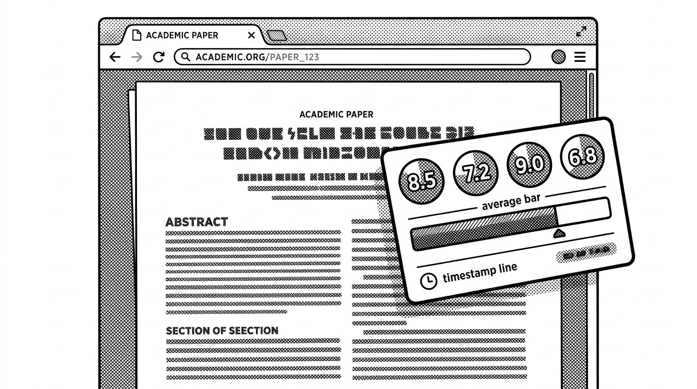 A browser window showing an OpenReview paper page with a floating score panel layered over the text. The illustration shows how the extension keeps review scores visible inside the reading flow instead of hiding them in a separate dashboard.