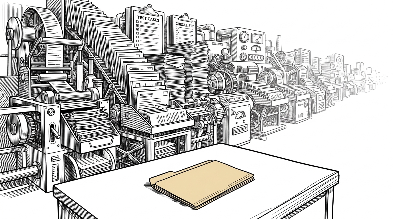 A nearly empty desk with one plain folder in the foreground and a larger machine of test cases, checklists, and wires fading into the background. The scene explains how a tiny repository can still point toward a much bigger system hiding just out of frame.