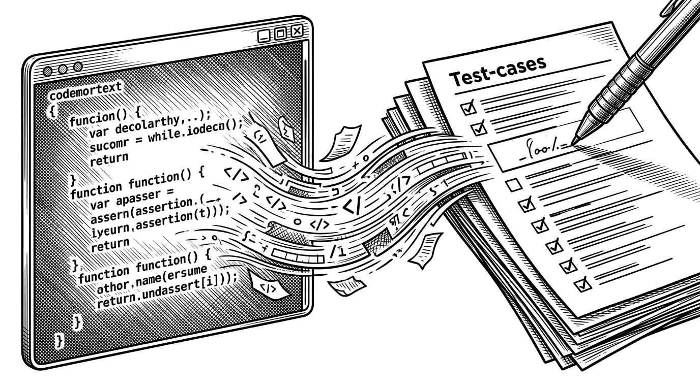 A close-up of a code editor feeding into a stack of test files, with one blank gap in an assertion being filled by a mechanical pencil-like tool. The image explains that the system is not just generating tests from scratch, but also patching incomplete ones.
