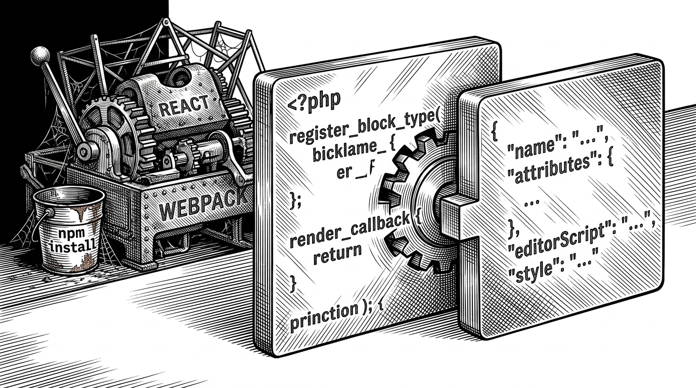 A close-up black-ink scene of a PHP workspace where a block is assembled from a block.json sheet and a single PHP file, while a bulky React and Webpack scaffold sits unused beside it. It explains the zero-build claim by showing that ExamplePress favors a simpler, PHP-native path for Gutenberg blocks.