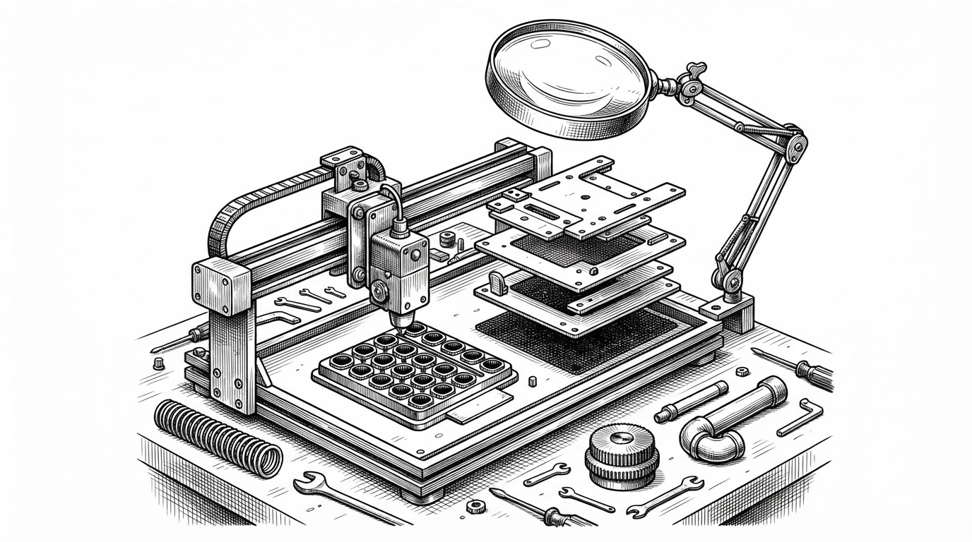A wide isometric editorial illustration of a workshop bench holding a half-assembled gantry plotter whose single print head hangs over a grid of wells, its frame partly exploded into stacked plates. A large magnifying glass on a jointed arm hovers above the assembly, and loose parts rest nearby: a coil spring, a knurled dial, and a short length of bent pipe. The image fuses the two halves of the article, showing the machine that is the explanation and the lens that audits it.