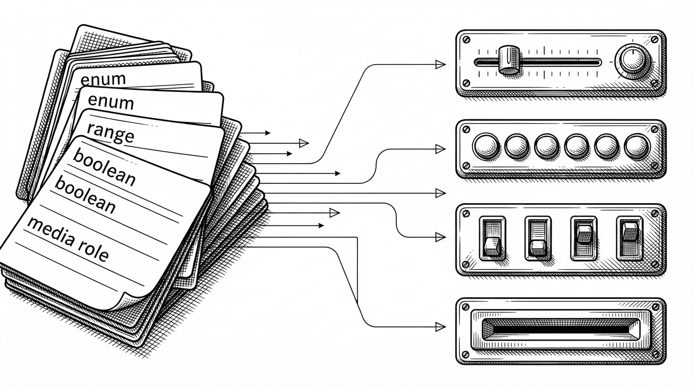 A close-up of typed schema cards on the left turning into visible UI controls on the right. The cards show field types such as enum, range, and boolean, while the UI side shows sliders, pills, toggles, and upload slots. The image explains how the catalog becomes the interface without custom components for each model.