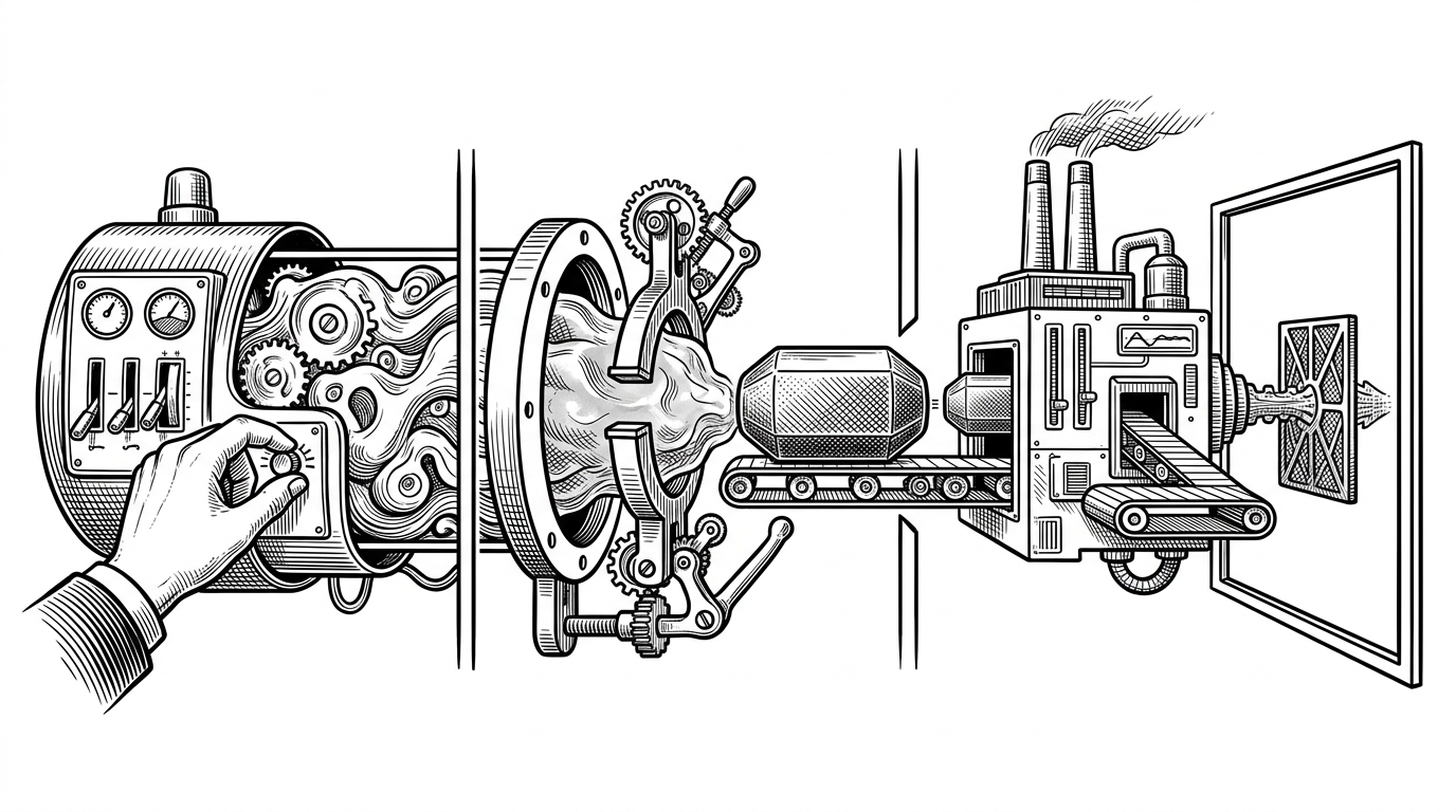 A close-up machine diagram showing a mutable effect object on the left, a freezing chamber in the middle, and a render-side Skia factory on the right. The left side has animated controls and a hand editing properties, the middle converts them into an immutable capsule, and the right side turns that capsule into a filter for final rendering. The image explains how Effector crosses the UI-thread to render-thread boundary safely.