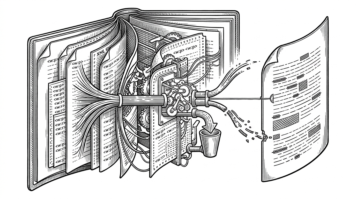 A close-up view of a .docx file opened like a layered mechanical device. Inside, XML tags, a diff engine, and output paths for insertions and deletions are connected by a thread to the final Word document. It explains how tracked changes are built from document structure rather than faked in the interface.
