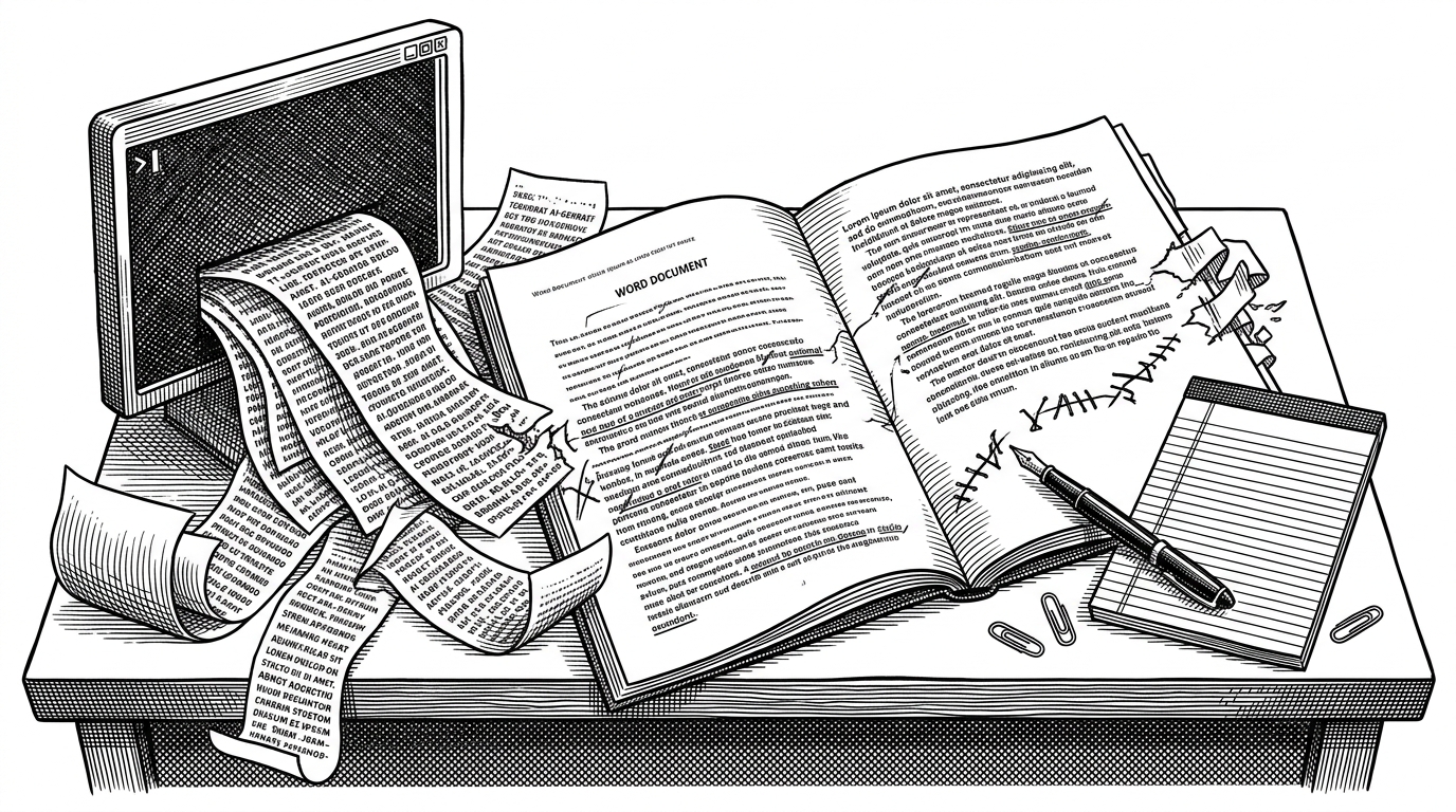 A lawyer's desk where a document is being revised in two forms at once. One side shows AI-generated text spilling from a terminal, while the other shows a Word document with visible insertions and deletions stitched into the page. It explains that the product's real output is not a chat answer but a reviewable redline.