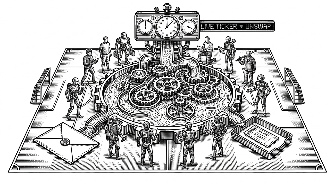 A wide editorial scene shows a football pitch transformed into a clockwork market machine. Eleven operator figures ring a Uniswap-like pool at center, while a sealed commit envelope and a settlement tray sit on opposite sides of the field. The image explains that the repo turns Uniswap v4 into execution infrastructure for timed prediction markets.