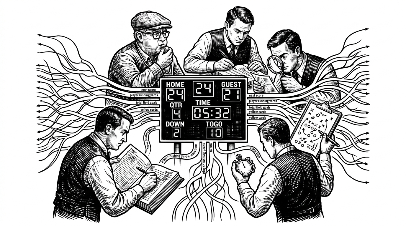 A close editorial scene shows several sharply different operator figures clustered around the same scoreboard. Each figure holds a different instrument, such as a whistle, a ledger, or a magnifying glass, while tiny match icons branch into separate market lanes. The image explains how the repo uses specialized personas to turn one match feed into many market types.