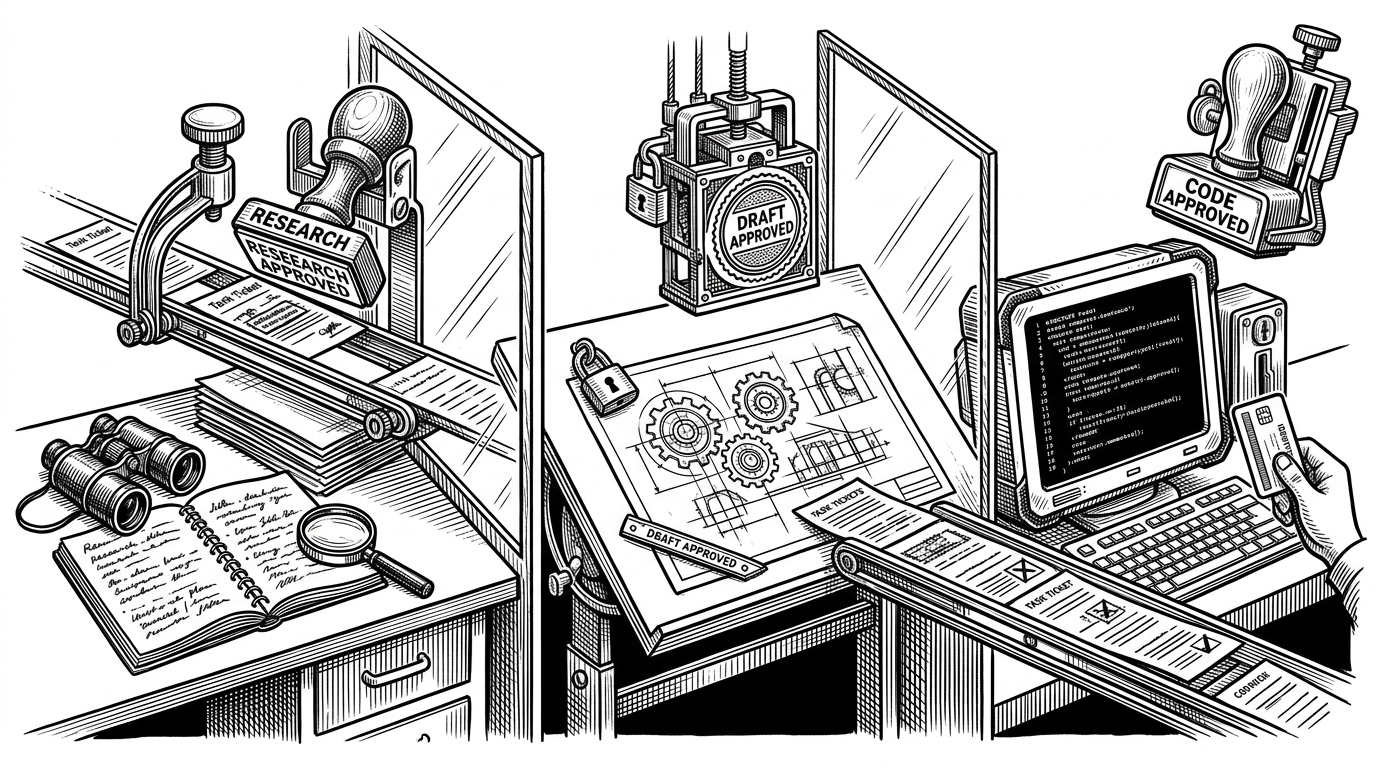 A closer editorial illustration of three glass-walled compartments: research, planning, and execution. A paper task ticket moves from left to right only after each station stamps it approved. The image explains how the repo enforces phase locks and why skipping directly to code is treated as a failure state.