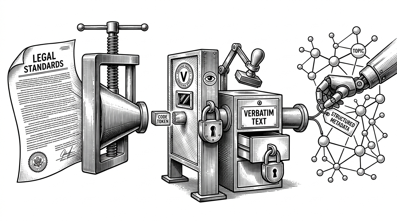 A close-up black-ink scene showing a standards document being reduced to a code token, passing through a validation gate, and emerging as structured metadata attached to a topic node. It explains how legal constraints become part of the data pipeline.