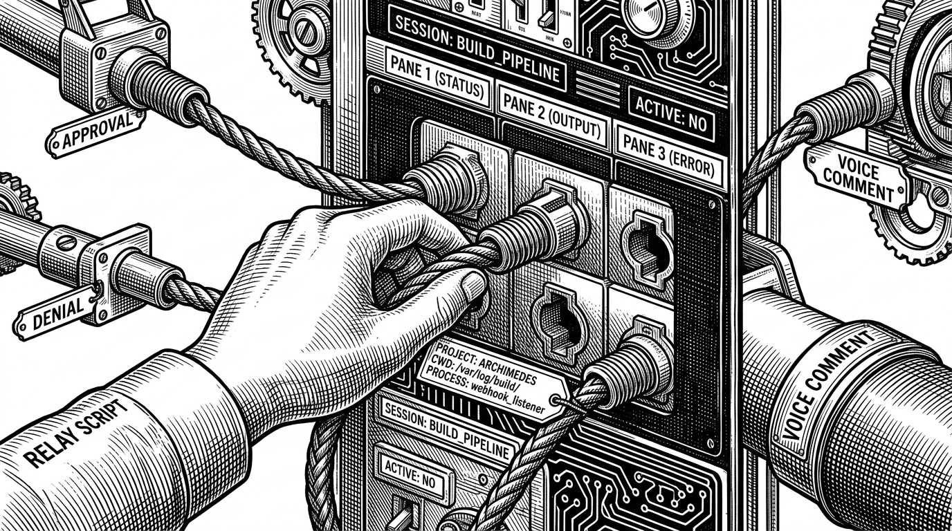 A close-up editorial illustration of a tmux pane rendered like a mechanical switchboard. Three inputs, approval, denial, and voice comment, feed into the pane while a relay script hand pushes a wire into the correct slot. The image explains how metadata such as project name, current directory, and process hints are used to find the right terminal session.