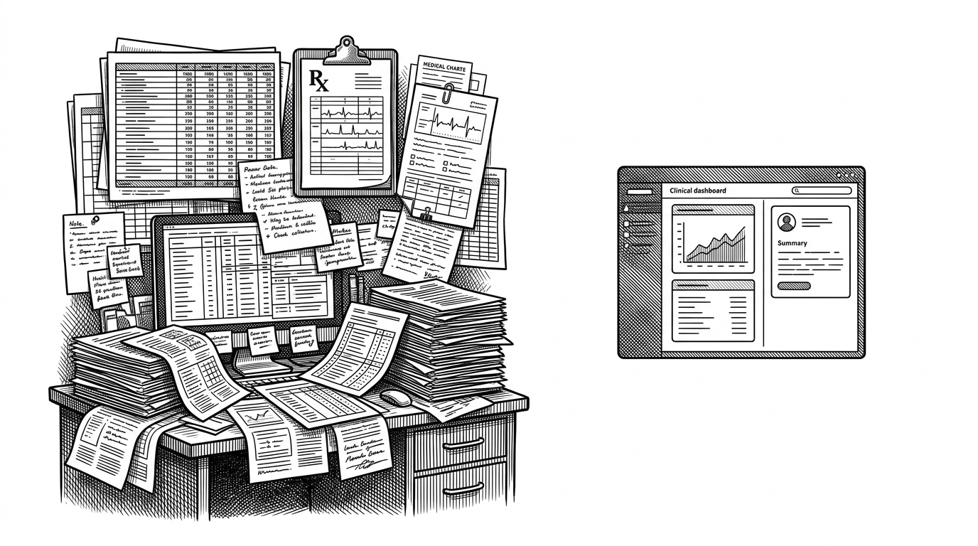 A split editorial scene showing two different approaches to clinical data. One side is a dense stack of raw tables and scattered notes. The other is a compact dashboard with a few clear panels and visual summaries. The image explains the project’s preference for legibility over bloat.