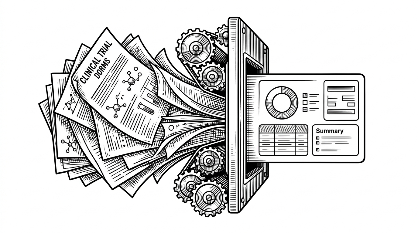 A clinical report moving through a narrow mechanical gate and emerging as a clean dashboard card. The image explains how the project turns dense trial data into a bounded visual summary instead of a sprawling analytics surface.