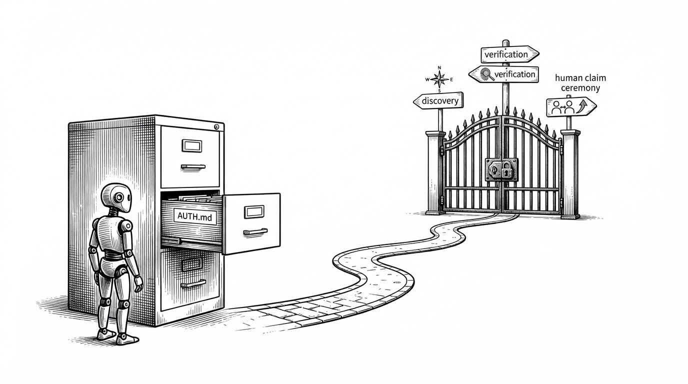 A lone agent stands beside a tall file cabinet marked AUTH.md. One drawer opens into a narrow path that leads to a locked service gate, with small signposts for discovery, verification, and human claim ceremony along the route. The scene explains the repo’s core idea: a Markdown file can act as the front door for agent registration.