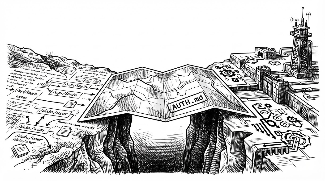 A close-up of a folded map stamped AUTH.md bridging two shorelines. On one side are readable notes and endpoint labels. On the other side are machine symbols and locked service infrastructure. The image explains how the manifest translates human instructions into something an agent can follow.