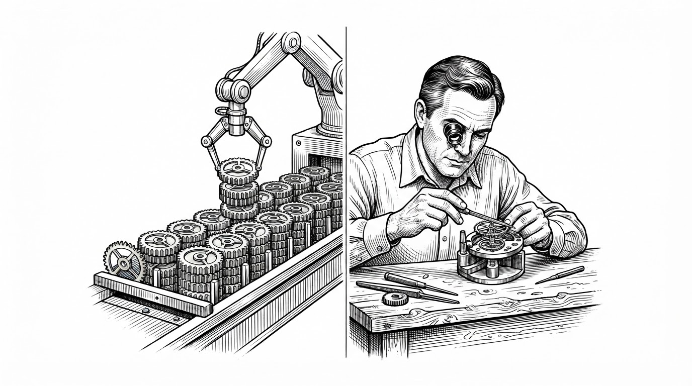 An editorial illustration of a workshop split down the center by a thin vertical seam. On the left, a mechanical assembly line stamps out identical brass gears while a robotic arm stacks them into a rack. On the right, a single craftsman sits at a bench, loupe in eye, hand-filing one intricate escapement mechanism. The illustration contrasts machine-generated uniformity with hand-finished judgment, the central thesis of the workos-go repository.