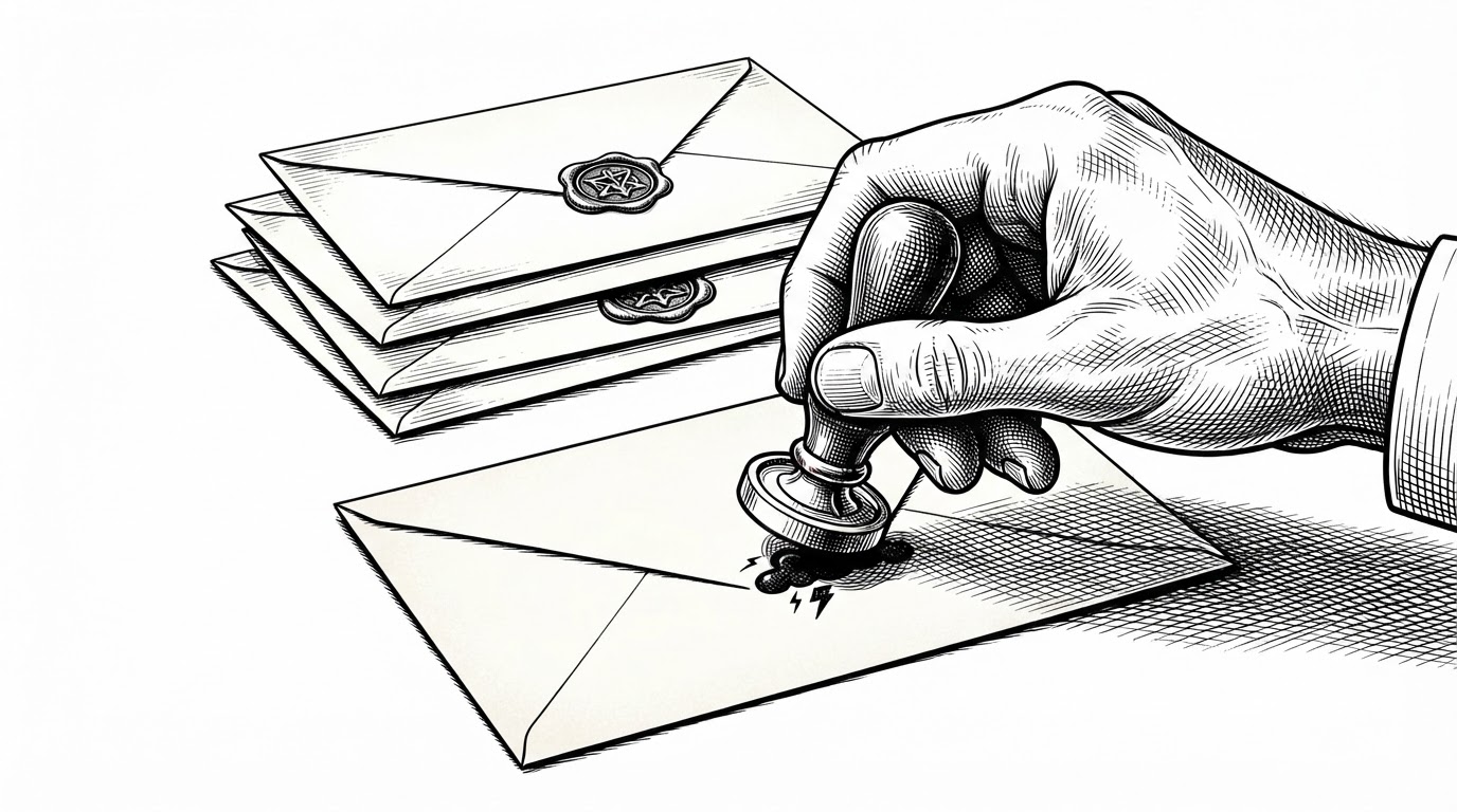 A close-up editorial illustration of a hand pressing a wax seal onto a cream envelope, with three identical sealed envelopes stacked behind it. In the foreground, one envelope has been returned bearing a small storm-cloud stamp, and the same hand re-seals it with the same die. The illustration explains idempotency: the same mark authorizes the same logical send no matter how many times the envelope crosses the wire.