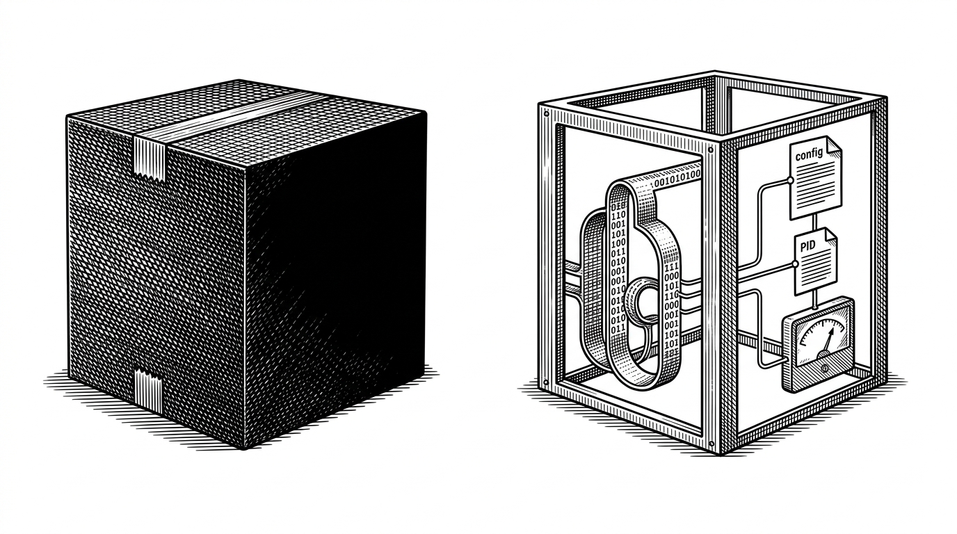 A split composition showing a sealed black box on one side and an open rack of visible parts on the other, including a binary path, config file, PID file, and telemetry meter. The image explains the contrast between opaque bundled launchers and a transparent service manager.