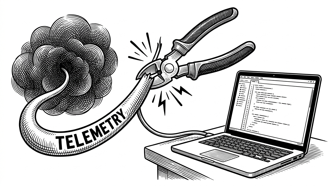 Heavy wire cutters cleanly snipping a thick cable labeled TELEMETRY, stopping data flow to the cloud.
