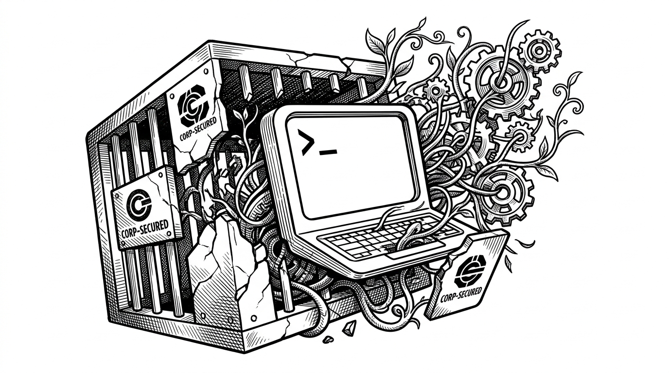 A sleek terminal prompt breaking out of a heavy metal cage, representing open-source software breaking free from corporate lock-in.