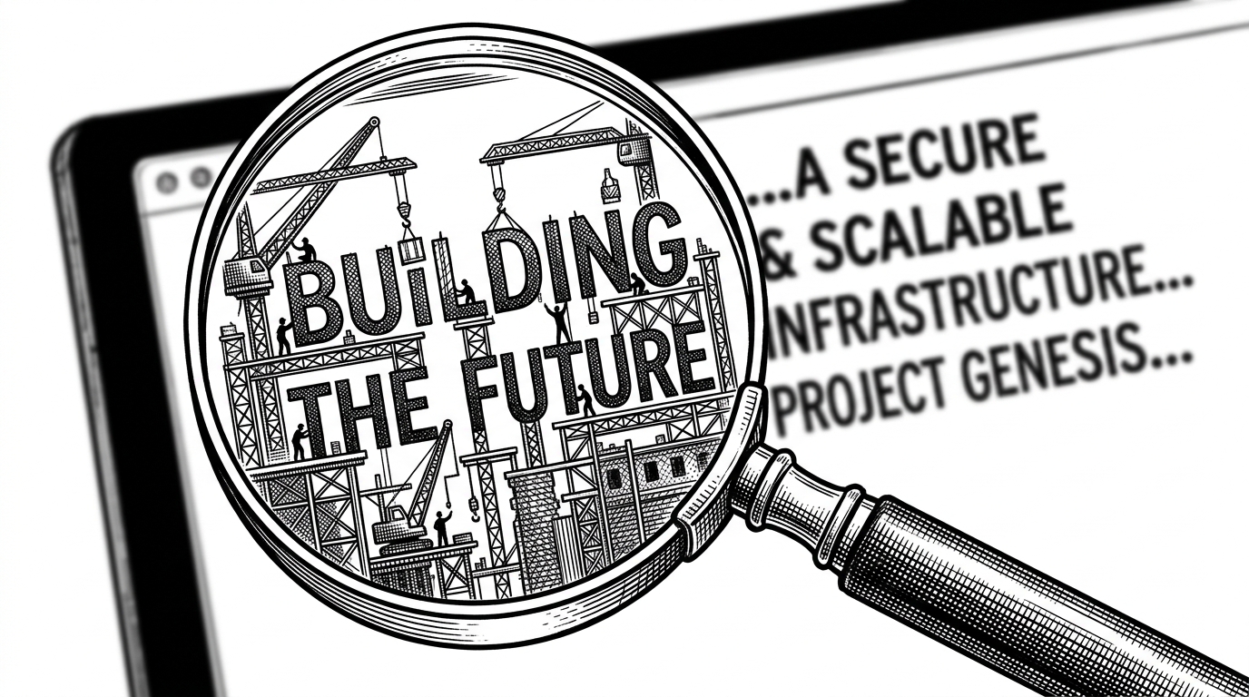 A close-up of a magnifying glass over terminal text, revealing intricate scaffolding assembling the letters.