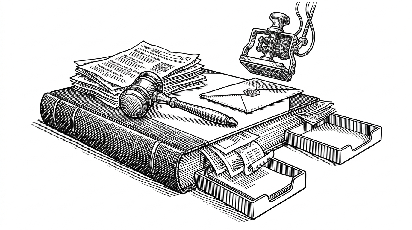 A courthouse-like desk assembled from a ledger, web search printouts, and a brass gavel. One side feeds stacked evidence into the decision path while the verdict stamp hangs back above a sealed envelope. It explains that this oracle is designed to pause instead of bluff when the proof is thin.