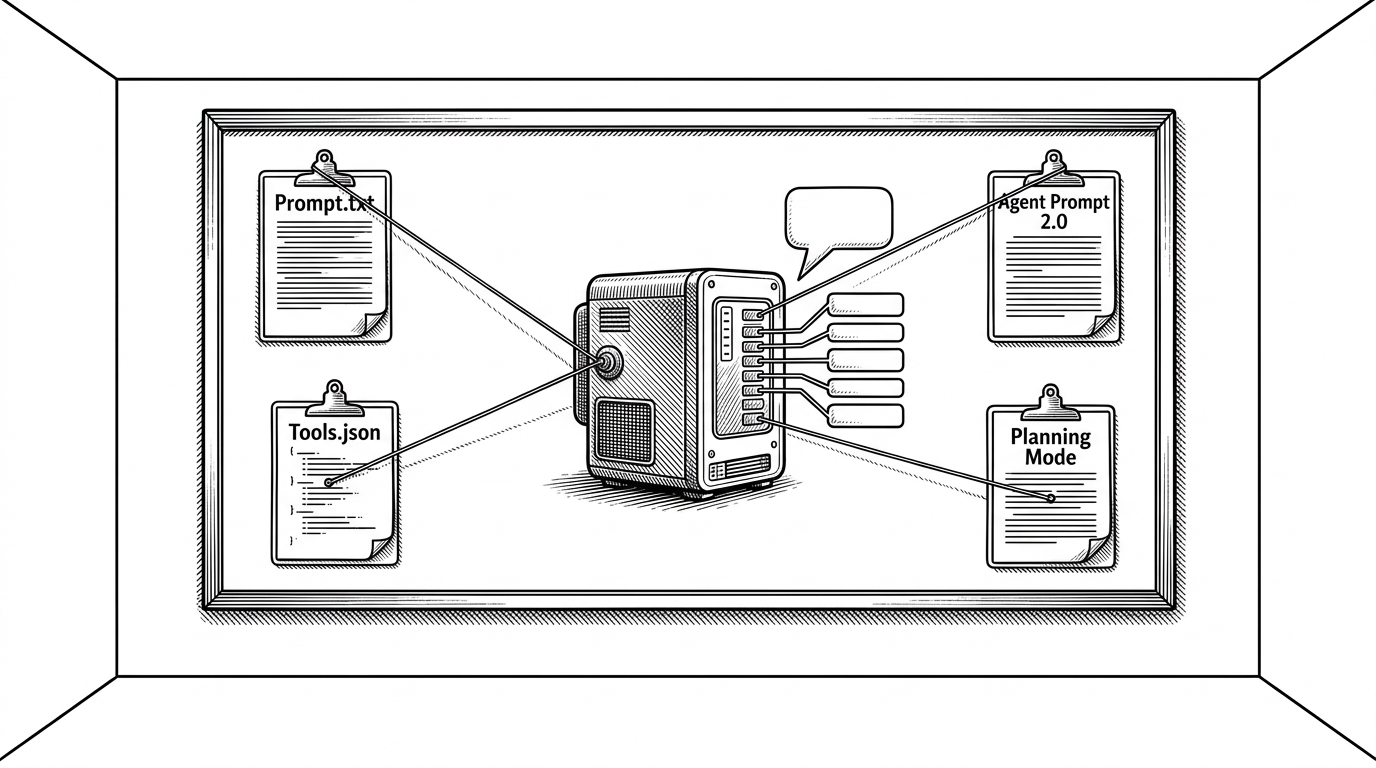 A wide newsroom-style evidence board in a white room, with clipped sheets connected by strings to a central assistant machine. The papers suggest prompts, tools, and modes, while the machine outputs structured tool ports instead of a chat bubble. It explains that the repo maps the hidden layers beneath modern AI assistants.
