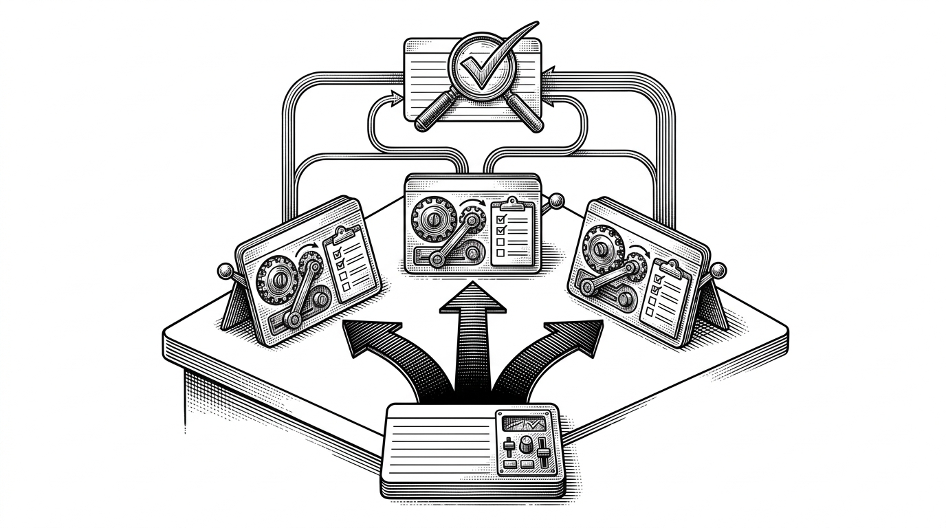 A branching tree of task cards with a root agent card fanning out into worker cards and a verification node at the end. The image explains how one agent can delegate, recurse, and then regroup around a checked result.