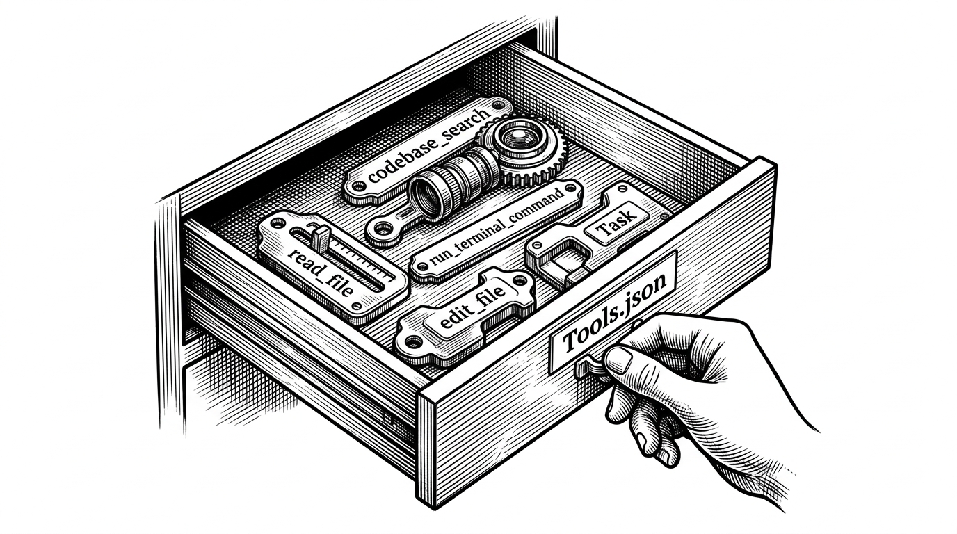 A close-up drawer labeled Tools.json opened by a hand. Inside are neatly separated metal tags for search, read, edit, run, and task spawning. The image explains that the power of these systems lives in allowed actions, not just instructions.
