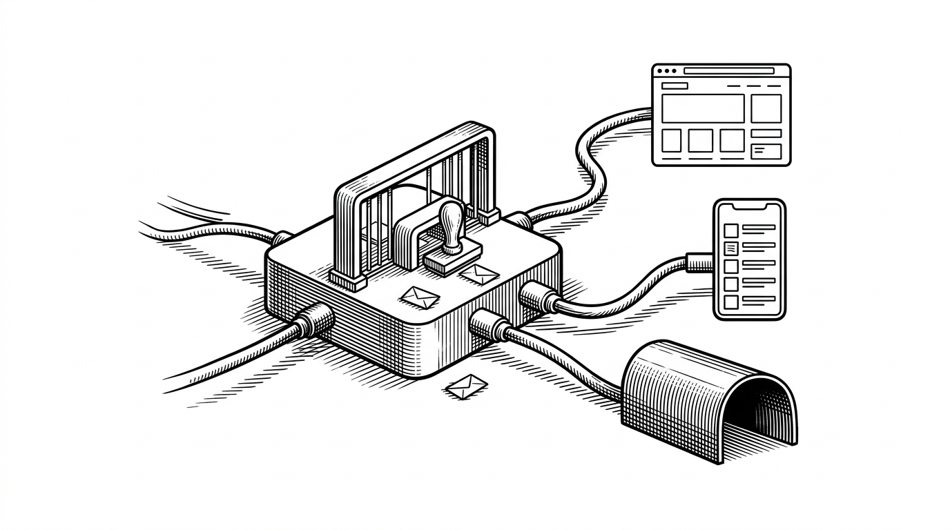 A single white junction box receives one incoming cable and splits it into three distinct paths: a browser dashboard, a subscription feed, and raw proxy traffic. The scene explains how the project uses one public port to present different services depending on path and client identity.