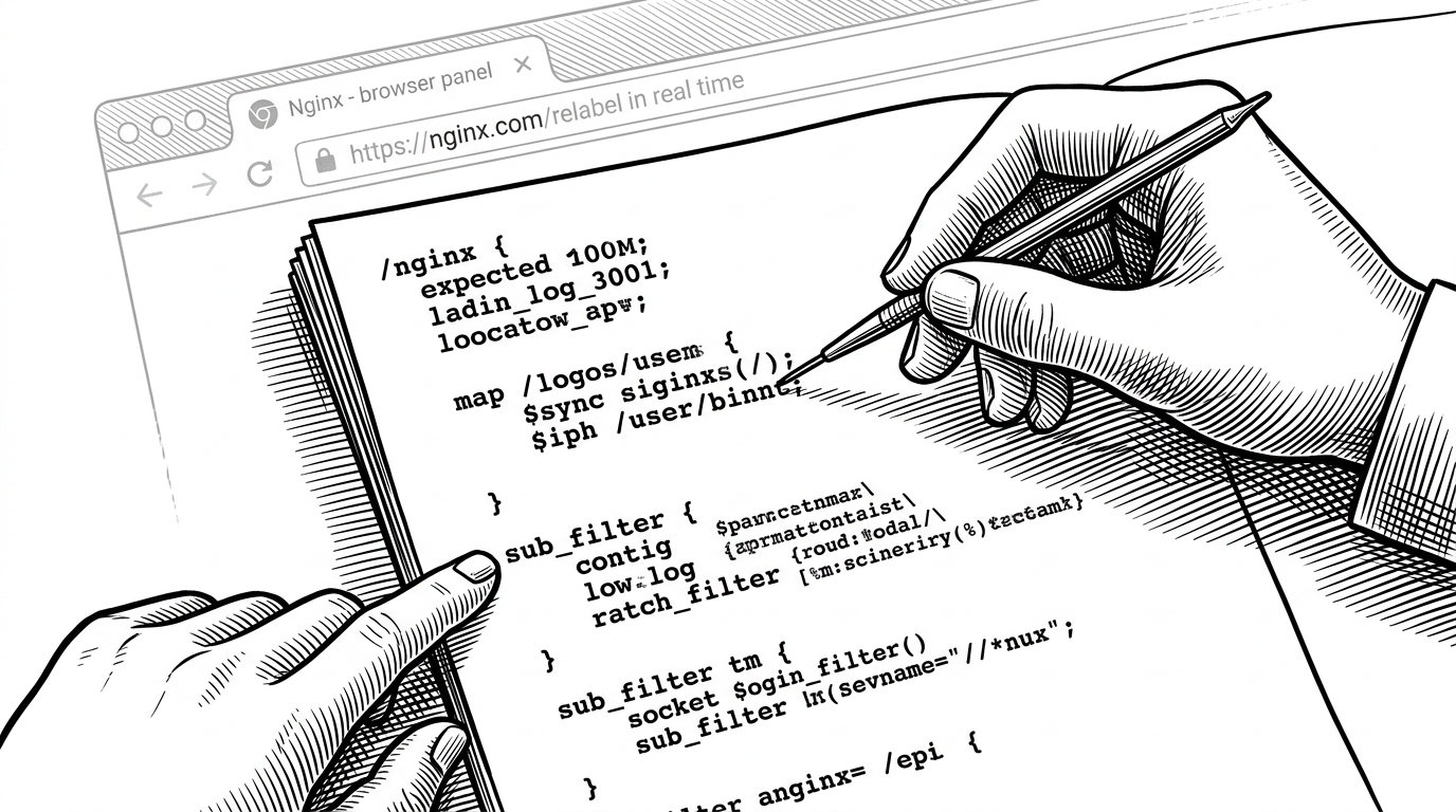 A close-up of a configuration file treated like a surgical instrument, with Nginx directives acting as routing switches and a faint panel UI being relabeled in the background. The image explains that the project’s behavior comes from configuration-level rewriting rather than a custom backend.