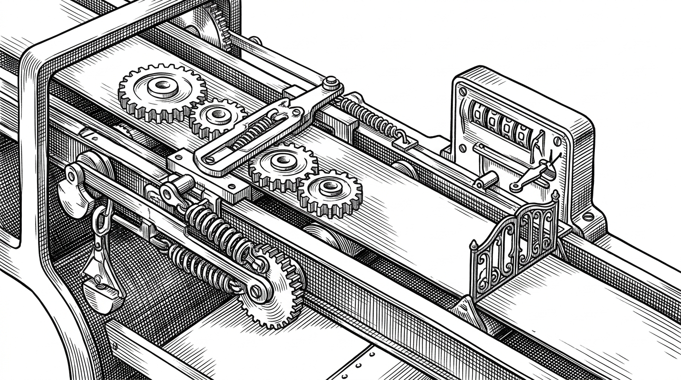A close-up of two interlocking mechanical systems. One gear train expands and contracts its spacing based on the speed of a moving belt, while a smaller meter periodically lifts a gate to check a threshold. The image explains the difference between adaptive pacing and quota-aware checks.