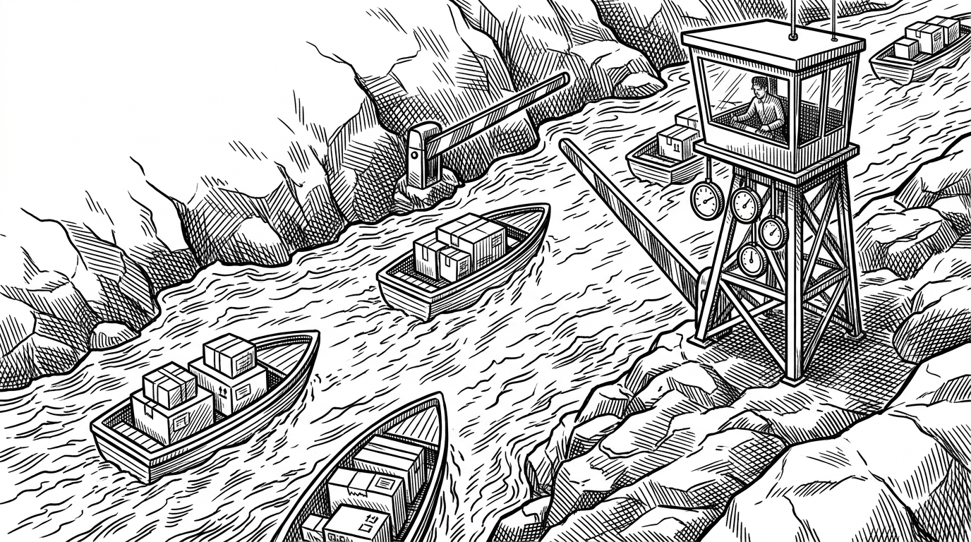 A narrow strait carries small courier boats through turbulent water while a shore-side tower adjusts movable gates based on traffic speed. The scene explains X4G as a tunnel that does not merely forward packets, but actively shapes flow under pressure.